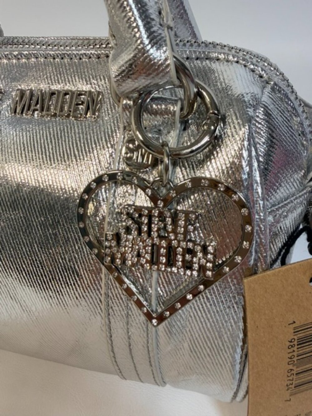 NWT Steve Madden Metallic Silver Heart Charm Shoulder Strap Handles - Picture 2 of 11